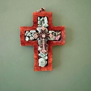 Handcrafted Wooden Cross with Genuine Turquoise & Rhinestone Accent 3.5”x2.5”